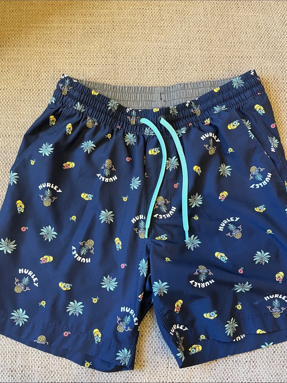 Hurley Navy Pineapple & Palm Swim Shorts with Teal Drawstring
